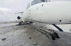 CommuteAir ERJ145 flight 4339, operating as United Express is stopped on the engineered materials arresting system. Photo courtesy Roanoke-Blacksburg Regional Airport