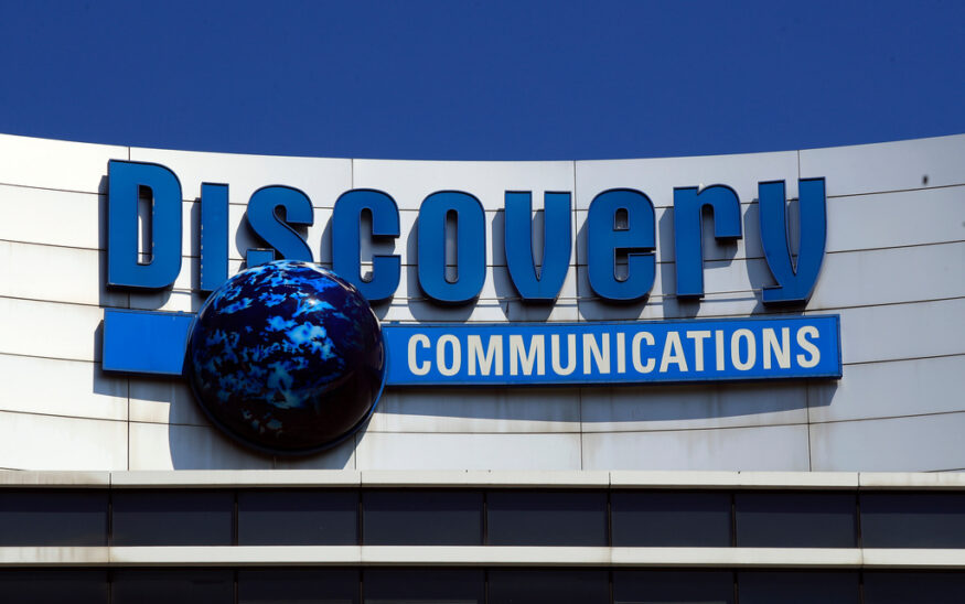 FILE - The Discovery Communications logo atop its headquarters in Silver Spring, Md, July 31, 2017. (AP Photo/Manuel Balce Ceneta, File)