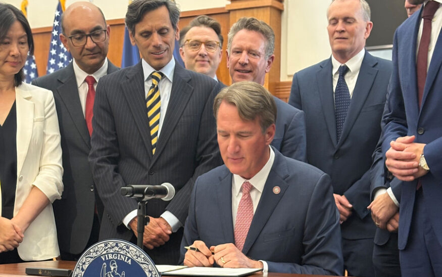 Gov. Glenn Youngkin signed on Oct. 31, 2025, a memorandum of understanding with AstraZeneca, Eli Lilly, Merck and state entities to establish a training center. Photo by Katherine Schulte/Virginia Business