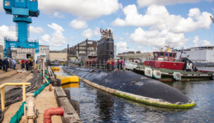 A Virginia-class nuclear-powered attack submarine USS New Hampshire docked at Norfolk Naval Shipyard in September 2025. Photo by Shelby West. Image courtesy William & Mary