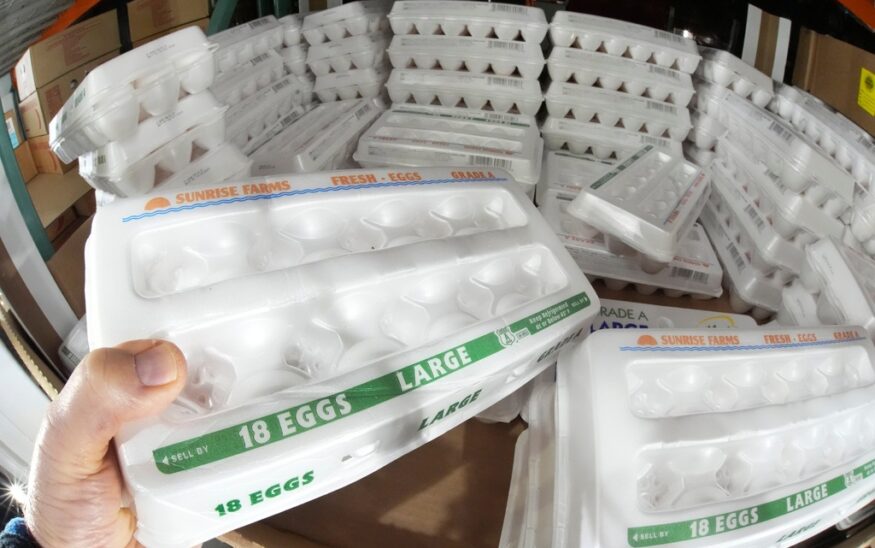 FILE - A shopper selects a carton of 18 Large Grade A eggs from a cooler in a Costco Warehouse in Cranberry, Pa., Jan. 28, 2025. (AP Photo/Gene J. Puskar, File)