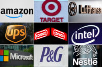 This undated combination of photos shows clockwise from top left the company logos for Amazon, Target, Lufthansa Group, UPS, ConocoPhillips, Intel, Microsoft, Procter & Gamble and Nestle. (AP Photo, file)