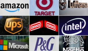 This undated combination of photos shows clockwise from top left the company logos for Amazon, Target, Lufthansa Group, UPS, ConocoPhillips, Intel, Microsoft, Procter & Gamble and Nestle. (AP Photo, file)