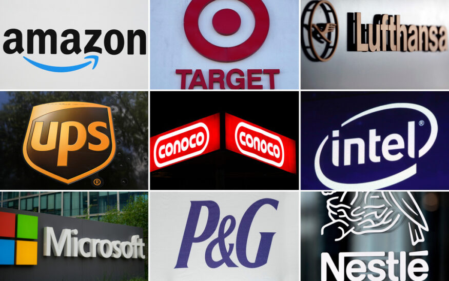 This undated combination of photos shows clockwise from top left the company logos for Amazon, Target, Lufthansa Group, UPS, ConocoPhillips, Intel, Microsoft, Procter & Gamble and Nestle. (AP Photo, file)