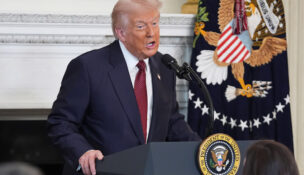 President Donald Trump speaks during a breakfast with Senate and House Republicans in the State Dining Room of the White House, Wednesday, Nov. 5, 2025, in Washington. (AP Photo/Evan Vucci)