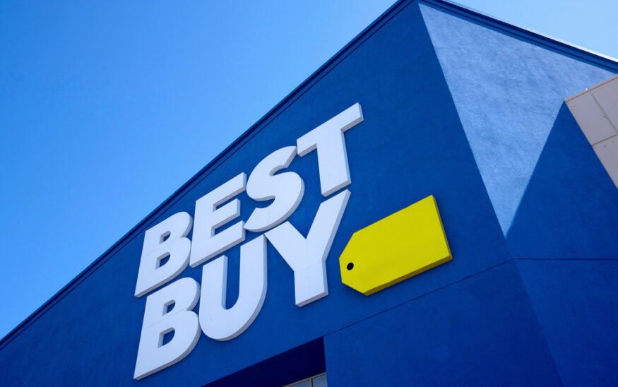 FILE - A Best Buy logo is shown at a store in Dallas on Oct. 25, 2024. (AP Photo/Tony Gutierrez, File)