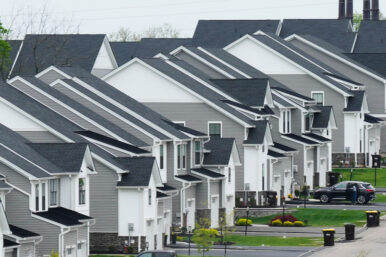 FILE - Newly developed homes sit in a row in Eagleville, Pa., April 28, 2023. (AP Photo/Matt Rourke, File)
