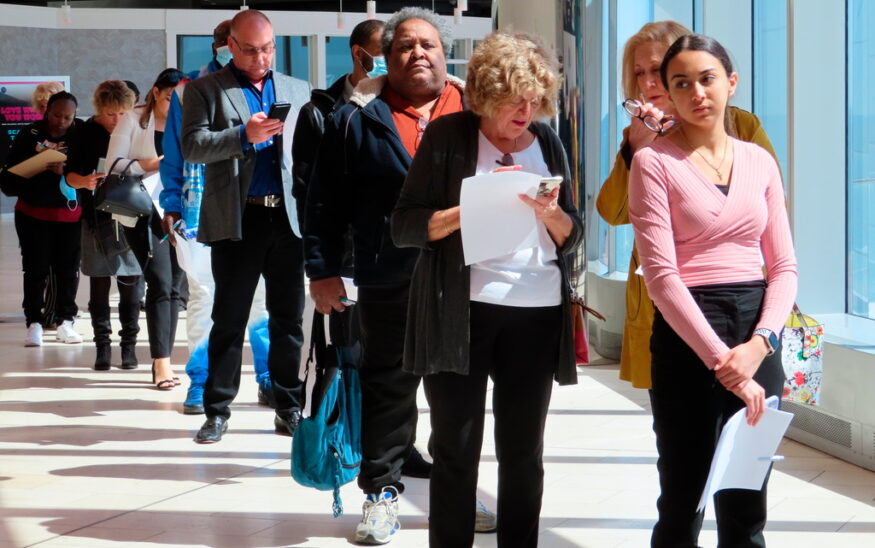 FILE - Applicants line up at a job fair at the Ocean Casino Resort in Atlantic City N.J., on April 11, 2022. (AP Photo/Wayne Parry, File)