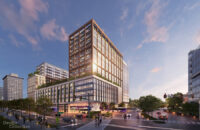 Rendering of the initial design for a downtown Richmond bus transfer hub and mixed-use development. Rendering courtesy City of Richmond