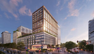 Rendering of the initial design for a downtown Richmond bus transfer hub and mixed-use development. Rendering courtesy City of Richmond