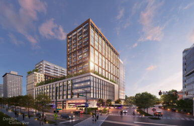 Rendering of the initial design for a downtown Richmond bus transfer hub and mixed-use development. Rendering courtesy City of Richmond