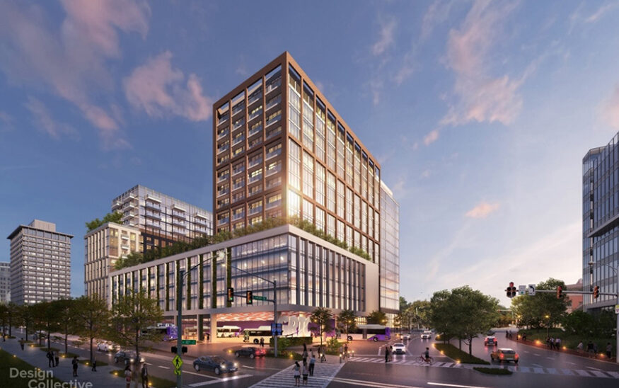 Rendering of the initial design for a downtown Richmond bus transfer hub and mixed-use development. Rendering courtesy City of Richmond