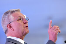 FILE PHOTO: Federal Reserve Governor Christopher Waller speaks during the Clearing House Annual Conference in New York City, U.S. November 12, 2024. REUTERS/Brendan McDermid/File Photo