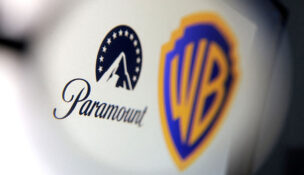 FILE PHOTO: Paramount and Warner Bros logos are seen in this illustration taken December 8, 2025. REUTERS/Dado Ruvic/Illustration/File Photo