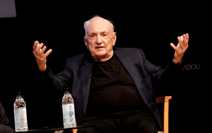 FILE - Architect Frank Gehry describes his concert hall design at the Colburn School during an unveiling in downtown Los Angeles on Wednesday, March 16, 2022. (AP Photo/Richard Vogel, File)