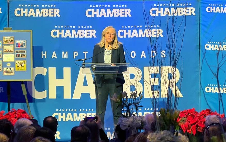 Virginia Gov.-elect Abigail Spanberger spoke on Dec. 10, 2025, at a Hampton Roads Chamber event at the Virginia Beach Convention Center. Photo by Josh Janney