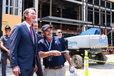 Youngkin and Kalahari Resorts owner Todd Nelson attended a topping out ceremony for the $900 million resort being built in Spotsylvania. Photo courtesy Kalahari Resorts & Conventions
