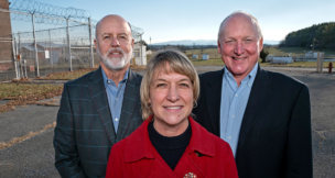 Clarke County Industrial Development Authority Chair William Waite, Clarke County Director of Economic Development & Tourism Michelle Ridings and Clarke County Board of Supervisors Chair David Weiss stand at the site of a proposed business park. Photo by Norm Shafer