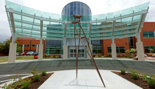 The crutches’ sculpture created by the late Staunton sculptor Willy Ferguson, was re-installed outside the new entrance of Augusta Health's Emergency Department in Fishersville, Virginia.