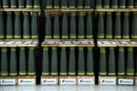 FILE PHOTO: Artillery shells are lined up in an storage room at the Loading of Ammunition and Packaging (LAP) hall of the new artillery plant of ammunition maker Rheinmetall, as the media tours the facilities on the day of its inauguration, in Unterluess, Germany, August 27, 2025. REUTERS/Annegret Hilse/File Photo