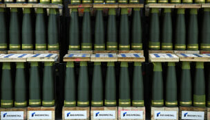 FILE PHOTO: Artillery shells are lined up in an storage room at the Loading of Ammunition and Packaging (LAP) hall of the new artillery plant of ammunition maker Rheinmetall, as the media tours the facilities on the day of its inauguration, in Unterluess, Germany, August 27, 2025. REUTERS/Annegret Hilse/File Photo