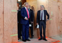 U.S. President Donald Trump, Federal Reserve Chair Jerome Powell, and Director of the Office of Management and Budget (OMB) Russell Vought tour the Federal Reserve Board building, which is currently undergoing renovations, in Washington, D.C., U.S., July 24, 2025. REUTERS/Kent Nishimura