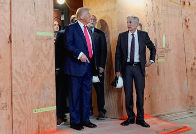 U.S. President Donald Trump, Federal Reserve Chair Jerome Powell, and Director of the Office of Management and Budget (OMB) Russell Vought tour the Federal Reserve Board building, which is currently undergoing renovations, in Washington, D.C., U.S., July 24, 2025. REUTERS/Kent Nishimura