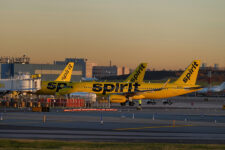 Spirit Airlines airplanes taxi on the tarmac at New York's Laguardia Airport in the Queens borough of New York City, U.S., November 7, 2025. REUTERS/Ryan Murphy