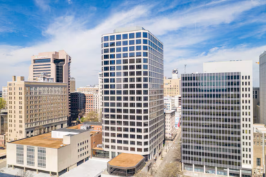 The former Dominion Energy tower at 707 E. Main St. in Richmond. The building is being repurposed to include a hotel and multifamily housing. Photo courtesy Douglas Development