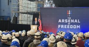 Defense Secretary Pete Hegseth speaks to an audience at Newport News Shipbuilding on Jan. 5, 2026, part of his "Arsenal of Freedom" industry tour. Photo by Josh Janney