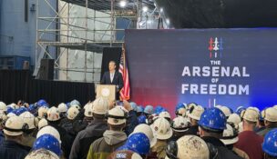 Defense Secretary Pete Hegseth speaks to an audience at Newport News Shipbuilding on Jan. 5, 2026, part of his "Arsenal of Freedom" industry tour. Photo by Josh Janney