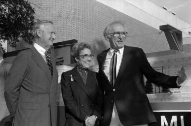 In 1982, (from left) Virginia Museum Fine Arts donors Paul Mellon, Frances Lewis and Sydney Lewis attend the museum's west wing groundbreaking ceremony. Photo courtesy Virginia Museum of Fine Arts