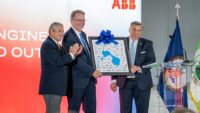 L to R: Henrico County Manager John Vithoulkas, ABB’s Franklin Sullivan and former Henrico EDA head Anthony Romanello celebrate ABB’s expansion. Official photo by Kaitlyn DeHarde, Office of Gov. Glenn Youngkin