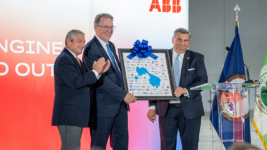 L to R: Henrico County Manager John Vithoulkas, ABB’s Franklin Sullivan and former Henrico EDA head Anthony Romanello celebrate ABB’s expansion. Official photo by Kaitlyn DeHarde, Office of Gov. Glenn Youngkin