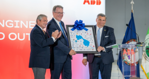 L to R: Henrico County Manager John Vithoulkas, ABB’s Franklin Sullivan and former Henrico EDA head Anthony Romanello celebrate ABB’s expansion. Official photo by Kaitlyn DeHarde, Office of Gov. Glenn Youngkin