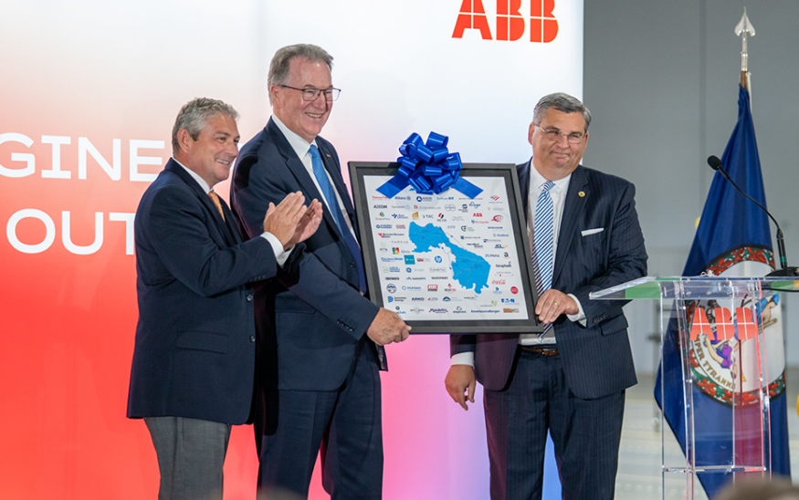 L to R: Henrico County Manager John Vithoulkas, ABB’s Franklin Sullivan and former Henrico EDA head Anthony Romanello celebrate ABB’s expansion. Official photo by Kaitlyn DeHarde, Office of Gov. Glenn Youngkin