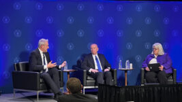 Former U.S. State Department Chief Economist Chad Bown, left, and former U.S. Representative Kevin Brady, center, discussed the future of the United States-Mexico-Canada trade agreement with Kristin Dziczek, a policy advisor for the Federal Reserve Bank of Chicago.
