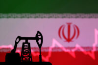 Iranian flag with stock graph and an oil pump jack miniature model are seen in this illustration taken October 9, 2023. REUTERS/Dado Ruvic/Illustration