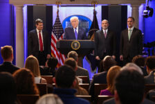 U.S. President Donald Trump, flanked by Secretary of Commerce Howard Lutnick, Trade Representative Jamieson Greer and Solicitor General D. John Sauer, speaks during a press briefing at the White House, following the Supreme Court's ruling that Trump had exceeded his authority when he imposed tariffs, in Washington, D.C., U.S., January 20, 2026. REUTERS/Kevin Lamarque