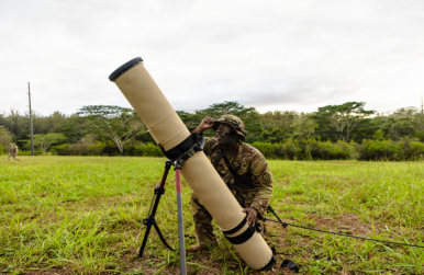 A U.S. Army Soldier with the 25th Infantry Division inspects a Switchblade launch tube during a Joint Pacific Multinational Readiness Center rotation on Nov. 6, 2025, at Schofield Barracks, Hawaii. U.S. Army photo by Sgt. Taylor Gray.