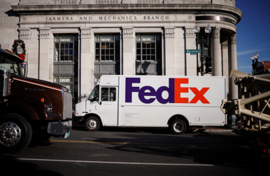 A FedEx delivery truck is pictured during Black Friday preparations in the Georgetown neighborhood of Washington, D.C. on Nov. 26, 2024. Photo by Reuters/Benoit Tessier