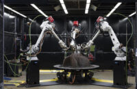 A 3D-printed mold for a hydropower impeller is printed using a wire arc additive manufacturing system. Photo by Carlos Jones, courtesy U.S. Department of Energy’s Oak Ridge National Laboratory.