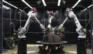 A 3D-printed mold for a hydropower impeller is printed using a wire arc additive manufacturing system. Photo by Carlos Jones, courtesy U.S. Department of Energy’s Oak Ridge National Laboratory.