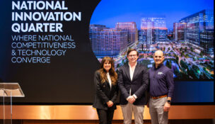 L to R: Tracy Sayegh Gabriel, president and CEO of the National Landing BID; Evan Regan-Levine, chief strategy officer at JBG Smith and Michael Hauser, managing partner SAIC., gather at the Feb. 11, 2026 launch of National IQ at the National Landing Experience Center. Photo by Conner McLaren for National IQ