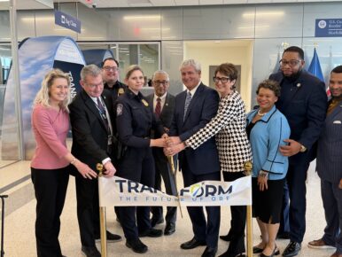 Norfolk International Airport leaders and Hampton Roads elected representatives on Feb. 18 celebrate the opening of the airport's new international arrivals facility. Photo by Josh Janney