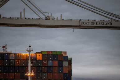 Shipping containers are stacked up at the port of Oakland following the Supreme Court's ruling that Trump had exceeded his authority when he imposed tariffs, in Oakland, California, U.S., February 24, 2026. REUTERS/Carlos Barria TPX IMAGES OF THE DAY