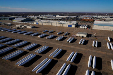 Airplane fuselages bound for Boeing's 737 Max production facility await shipment at Spirit AeroSystems headquarters in Wichita, Kansas, U.S. December 10, 2024. REUTERS/Nick Oxford