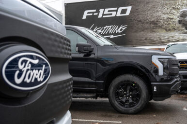 A few 2025 Ford F-150 Lightning XLT trucks are parked on a lot at Village Ford dealership in Dearborn on Wednesday, Jan. 7, 2026.