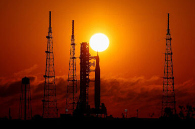 NASA's next-generation moon rocket, the Space Launch System (SLS) rocket with the Orion crew capsule, on launch pad 39B as the sun rises at the Kennedy Space Center in Cape Canaveral, Florida, U.S., March 24, 2026. REUTERS/Joe Skipper