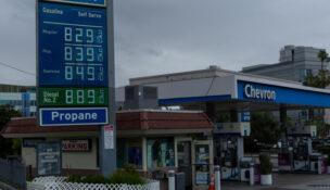 High prices for gasoline and diesel No. 2 at a gas station in downtown Los Angeles, California, U.S., March 31, 2026. REUTERS/Mike Blake